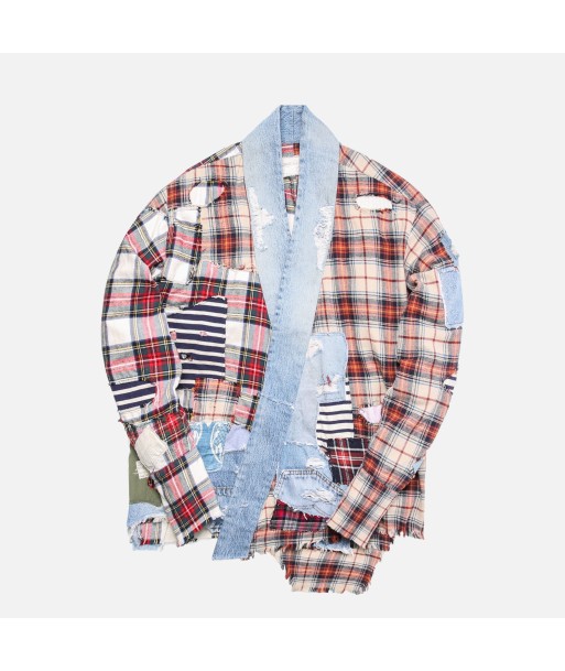 Greg Lauren Patchwork Plaid Vintage Denim Stripe GL1 Shirt - Red / Navy en ligne